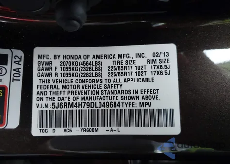 2013 Honda Cr-V Ex-L from USA, damaged, VIN 5J6RM4H79DL049684